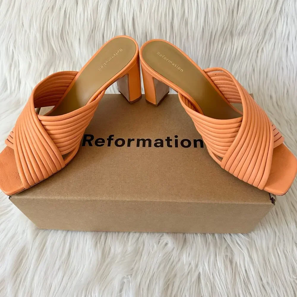 REFORMATION Lila Tubular Heeled Leather Sandals Mules Square Toe Block Heels - Picture 13 of 15